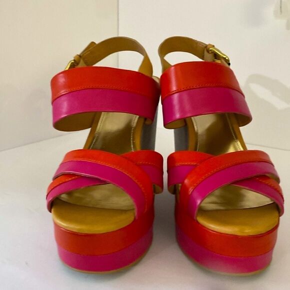 Coach Color Block Platform Sandals Orange Pink Stripe - Picture 2 of 12